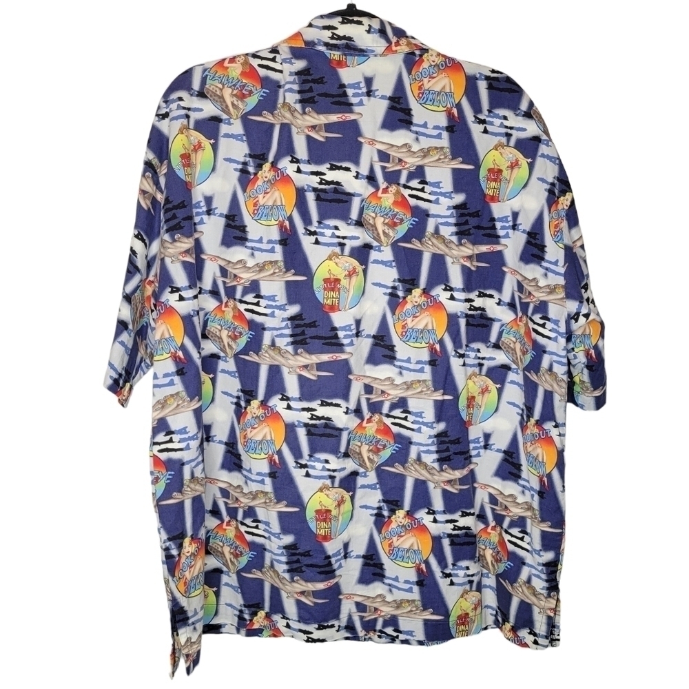 Vintage 90s Hawaiian Pinup Babes WWII Bomber Hawkeye Planes Button Up Shirt - Picture 3 of 4